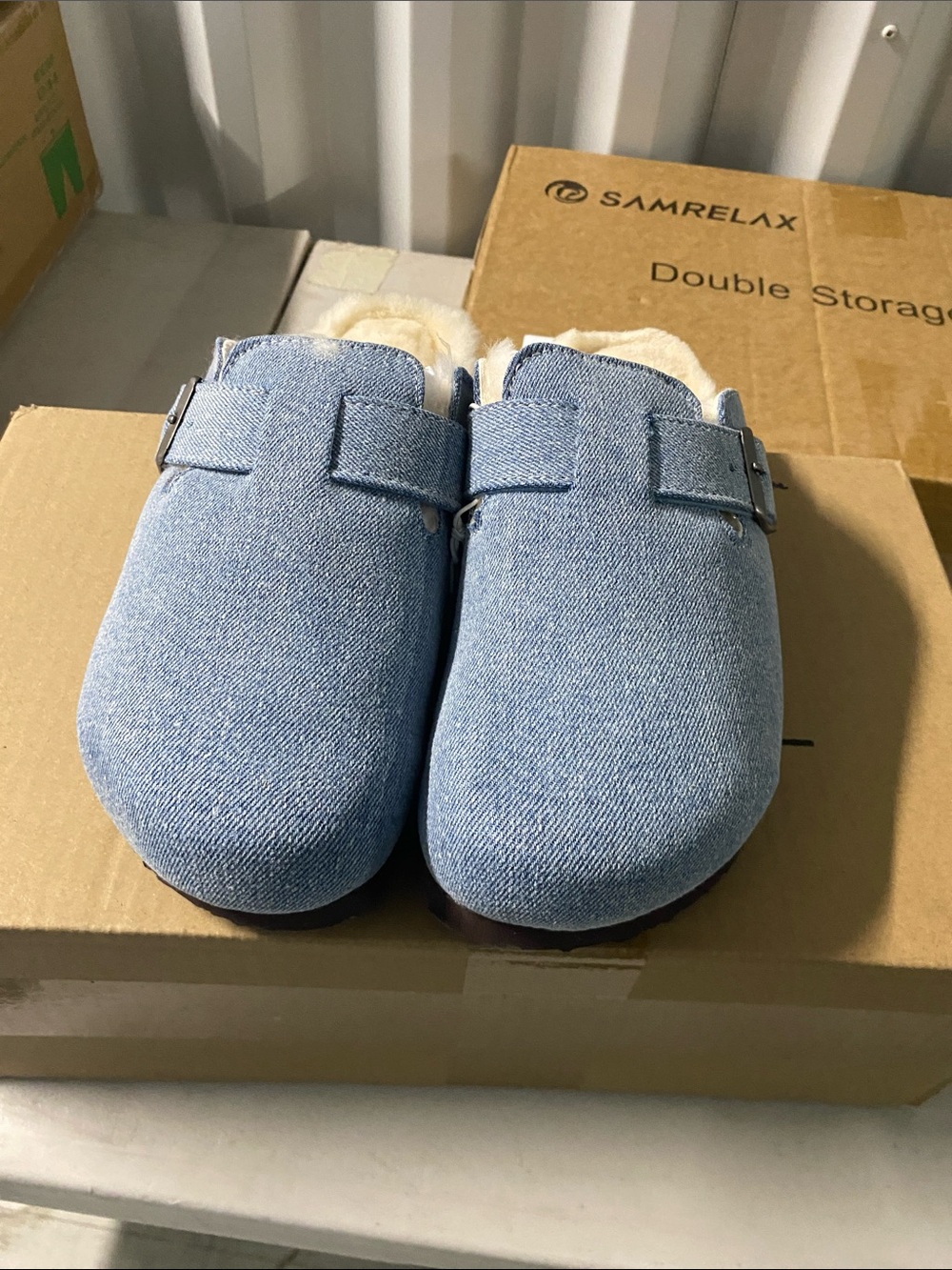 Light Blue Denim Faux-Shearling Slip-On Mules 7M